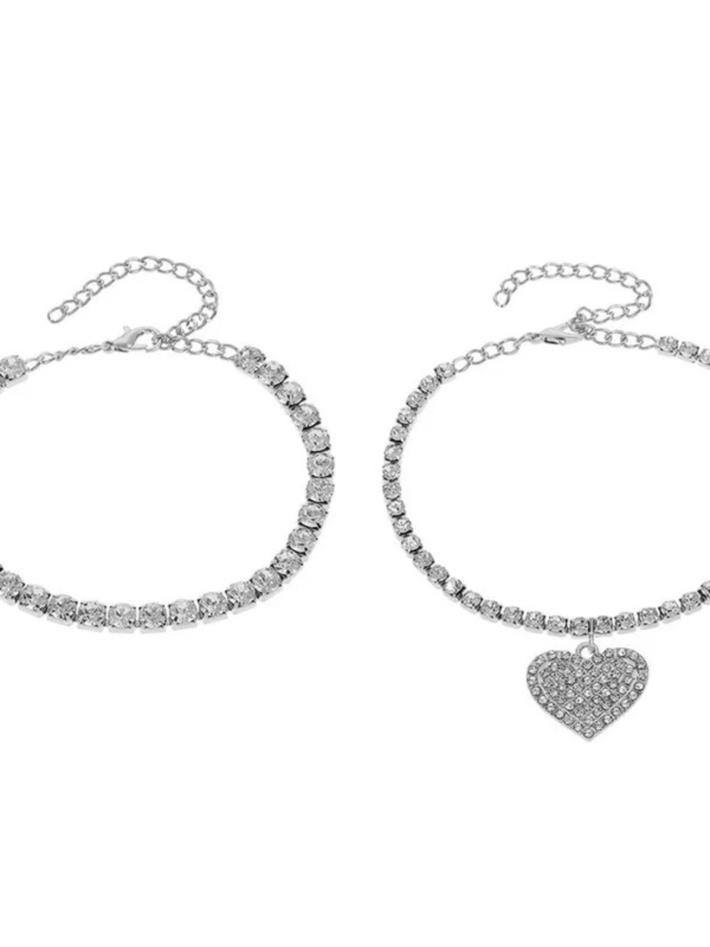 Silver Crystal Tennis Bracelet and Heart Charm Anklet Set 2 Sets